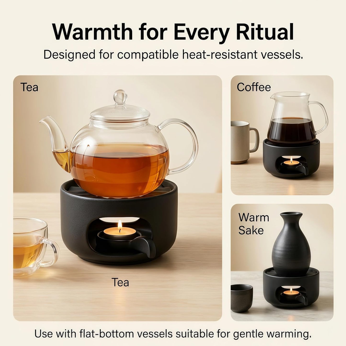 Ceramic Teapot Warmer with Removable Candle Spoon, Tea Pot Warmer Base | Deep matte black finish; 4.72 in low-profile base fits flat-bottom glass or ceramic teapots and uses a standard tealight.