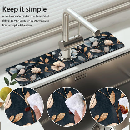 Bimkole 2 PCS Faucet Absorbent Mat, Kitchen Faucet Sink Splash Guard Wraparound Cloth Pads Drip Catcher for Sink Faucet for Kitchen Bathroom Faucet, Colorful Faucet Mat, 15 x 4 Inch Flower A6