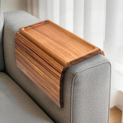 Acacia Wood Couch Armrest Table, Couch Arm Tray, Foldable Anti-Slip Wood Couch Tray, Sofa Cup Holder for Drink Snacks Remote Control