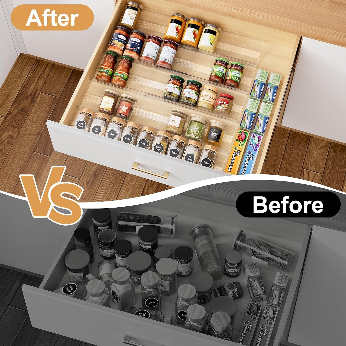 8-Pack Spice Drawer Organizer, Expandable Acrylic Seasoning Rack (13" to 26") with Anti-Slip Mat, Kitchen Spice Rack Holds up to 56 Jars (Jars Not Included)