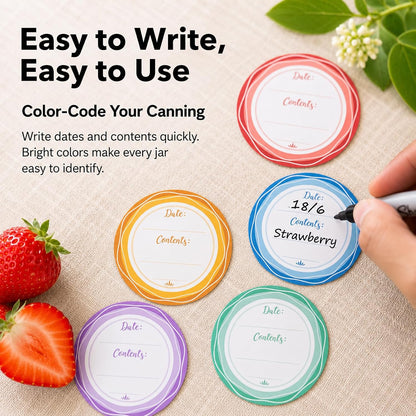 2" Mason Jar Canning Labels, 9 Colors, Microwave/Freezer Safe, 90 | Waterproof, removable stickers for glass or plastic. Easy to write on and removes with zero sticky residue.
