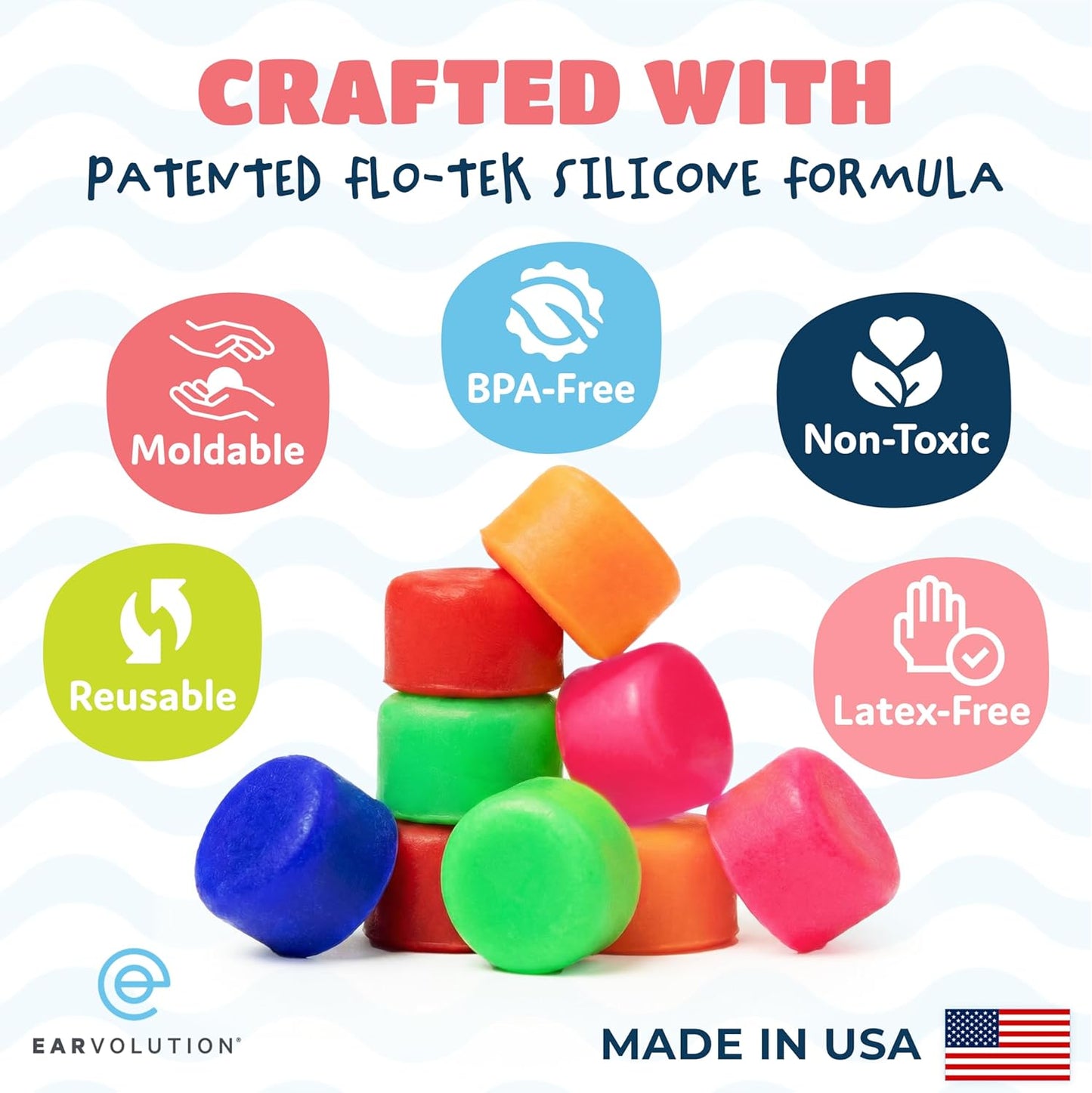 Earvolution Floating Putty Buddies Swim Earplugs - Doctor-Invented, Made in USA, Moldable Premium Silicone Plugs Help Prevent Swimmer's Ear, 3 Pair Pack - Blue/Yellow/Green
