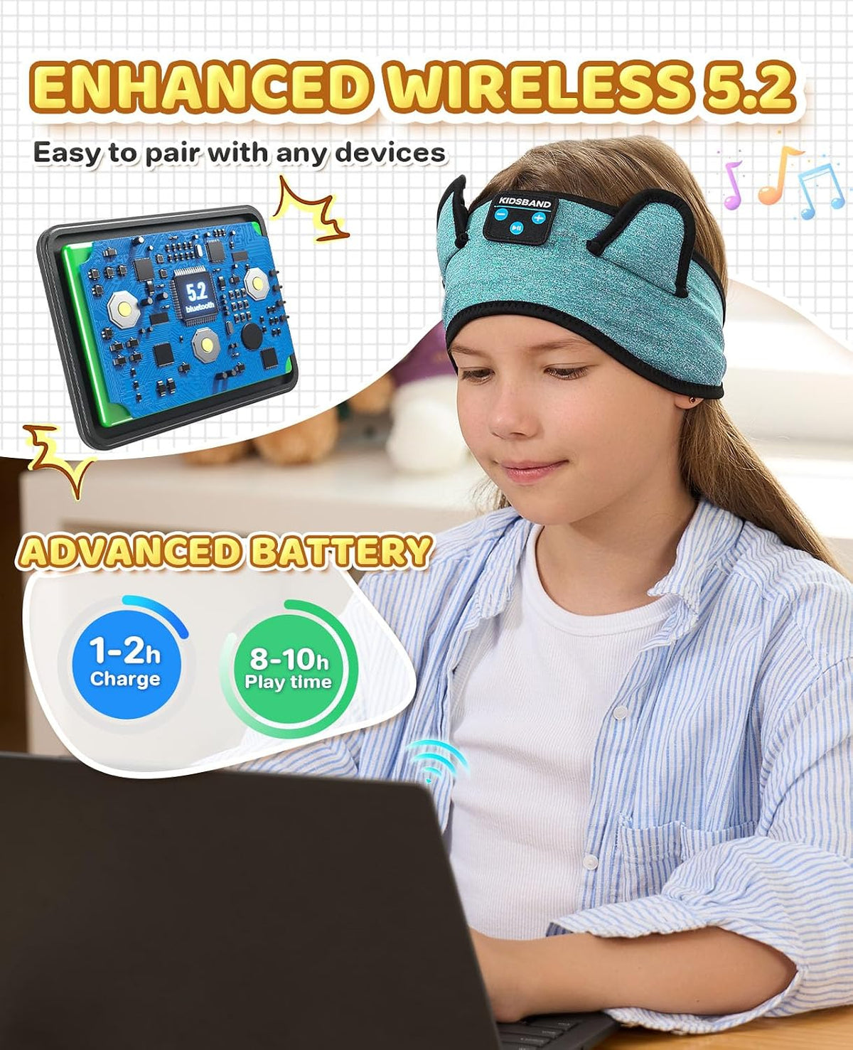 KIDSBAND Kids Bluetooth Headphones, Sleep Headband [Wireless & Wired Playback 2in1] Foldable Headphones for School/Travel/Tablet/Sleep