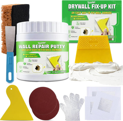 Drywall Repair Kit, Spackle Paste with Patches & Tools for Wall Hole Fix | 10.6oz Wall mending agent for drywall, plaster, wood, stucco. Waterproof, crack-resistant, residue-free ＆ formaldehyde-free