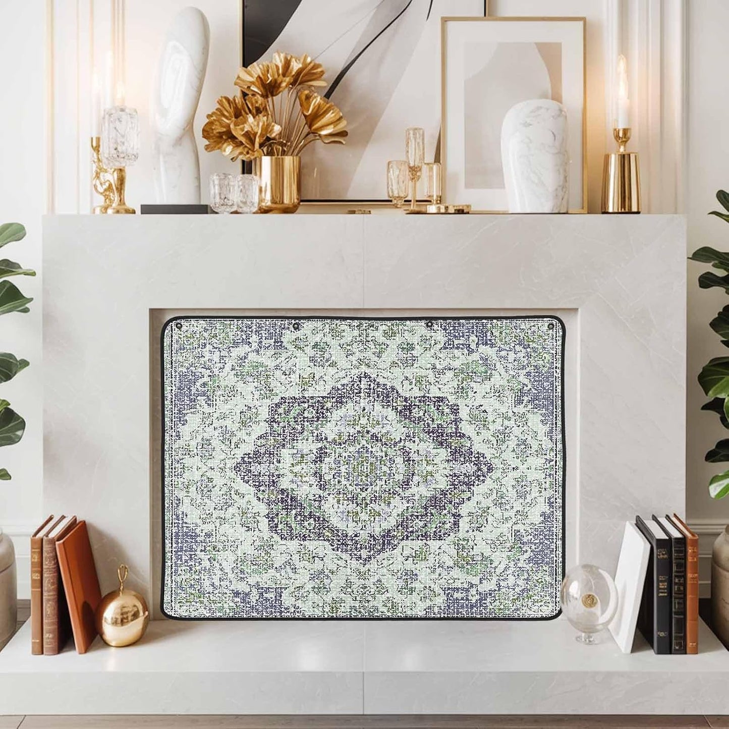 Magnetic Fireplace Cover Grey Medieval Flowers Fireplace Screen Decorative Retro Bohemian Pattern Insulation Fireplace Blocker Save Energy Fireplace Draft Stopper Covers for Living Room 39x32 Inch