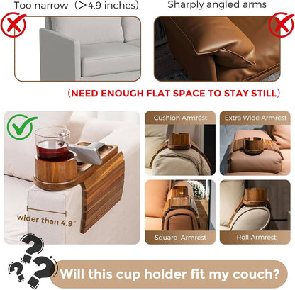 Couch Cup Holder for Armrests Over 4.9" Wide with 360° Phone Stand Walnut | Couch Arm Tray with 360° Rotating Phone Stand, 3 in 1 Foldable Sofa Arm Tray Table for Remote, Snacks, Phone, Drinks