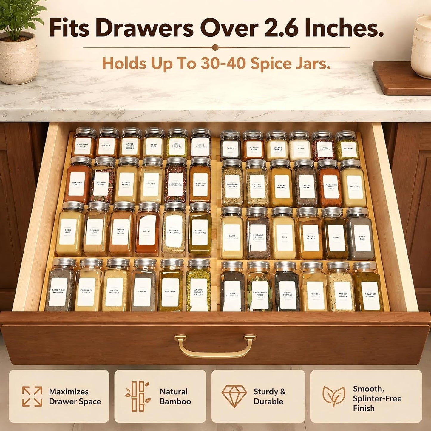 Bamboo Spice Drawer Organizer Expandable(Fits 2.6" Deep or Deeper Drawers), 4-Tier Spice Rack Drawer Insert for Kitchen Cabinets(12" - 22" Width),Adjustable Seasoning Storage Insert(Jars Not Included)