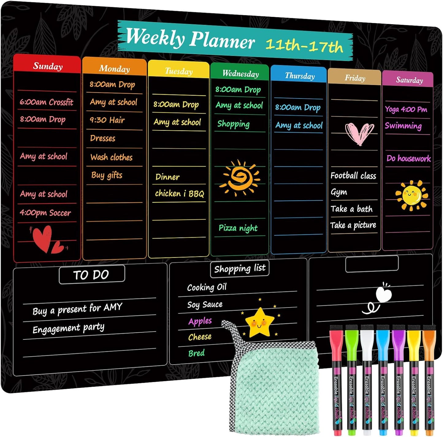 MaxGear Weekly Dry Erase Board for Fridge, 16"x12" Magnetic Calendar | Strong Magnetic, Smooth Writing and Effortless Erasing, Stain Resistant without any Stains with 7 Markers and 1 Eraser