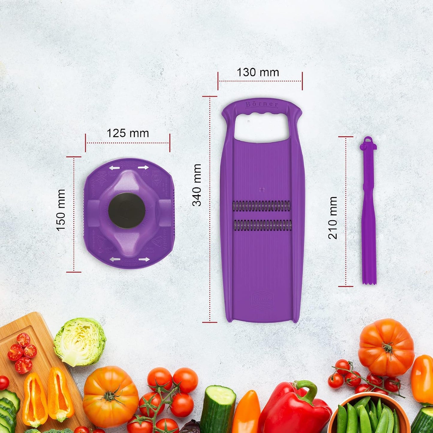 Börner Roko PowerLine Vegetable Slicer Set (2-piece) • Fine Julienne Cutter for Fruit and Vegetables + Safety Guard • Julienne Slicer • Mandoline Slicer Set • Kitchen Slicer (Red)
