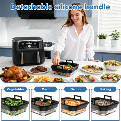 Air Fryer Accessories for Ninja Foodi DZ401, DZ550, SL401, SL451 10Qt | Glass Liners with Silicone Handles for 4-6 Qt Air Fryer, Heat-resistant, Dishwasher-safe, BPA-free