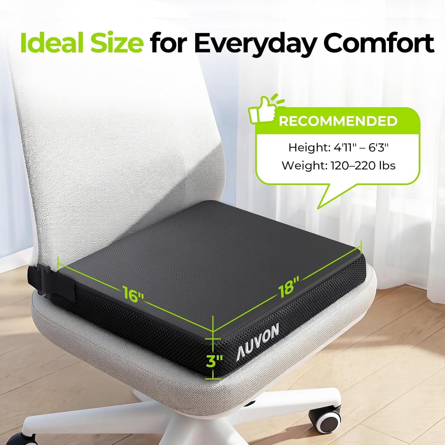 AUVON Gel Ventilation Seat Cushion with Innovation Heat Dissipation Design | Supportive Memory Foam Wheelchair Cushion for Back & Tailbone Comfort, Waterproof Cover, Anti-Sore & Ulcer, Buckle Strap