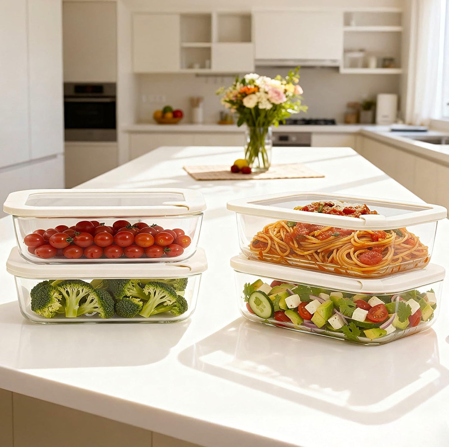 Glass Food Storage Containers with Glass Lids, Microwave Safe Food Container Set, Aitight Meal Prep Container Set, BPA Free, 2 extra Colanders, LeakProof, 2 Pack of 60oz