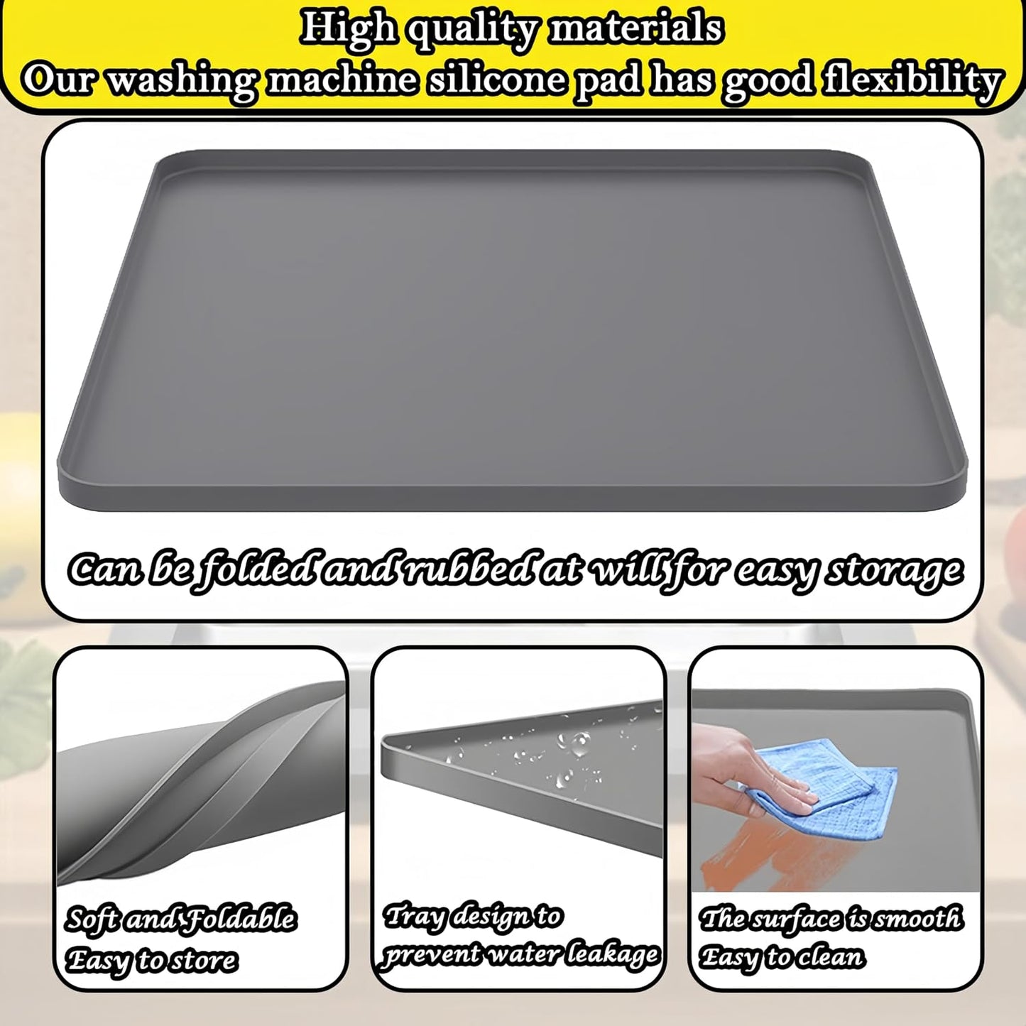 27×27inch Washer Drain Pan Silicone Mat, With Raised Edge Washing Machine Silicone Mat, Multi-function Non Slip, Soft Foldable Portable Waterproof Pad（black）