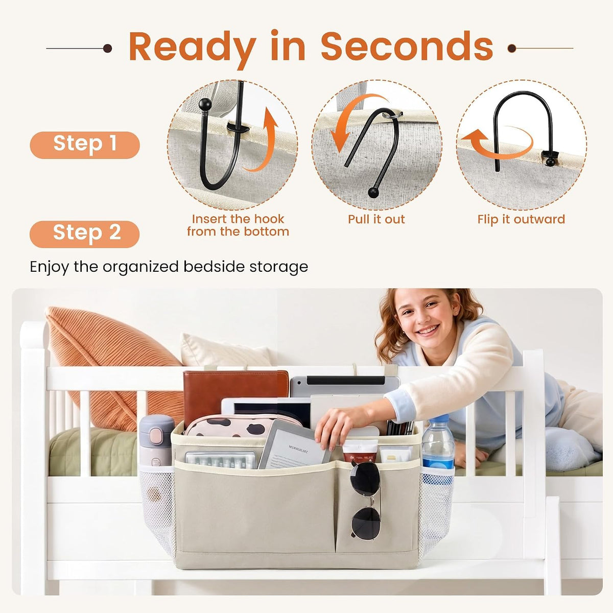 Fab totes Bedside Caddy for Dorm Bed, Bedside Storage Bag Hanging Organizer