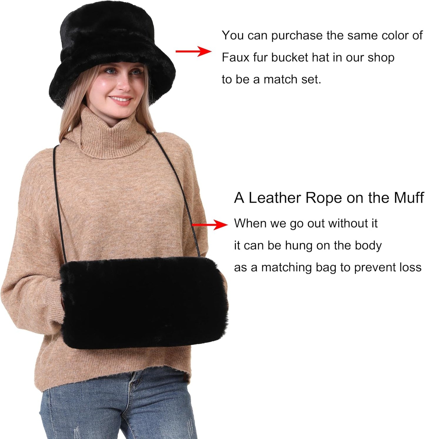 Faux Fur Hand Muff for Women Winter Hand Warm Warmer with PU Leather Strap
