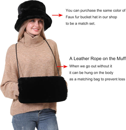 Faux Fur Hand Muff for Women Winter Hand Warm Warmer with PU Leather Strap