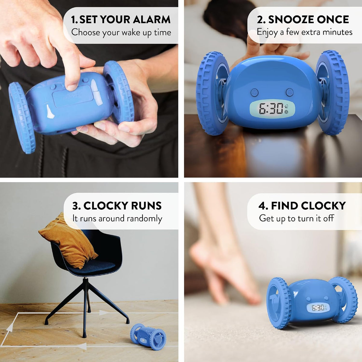 CLOCKY Alarm Clock on Wheels – Loud Rolling Alarm Clock for Heavy Sleepers