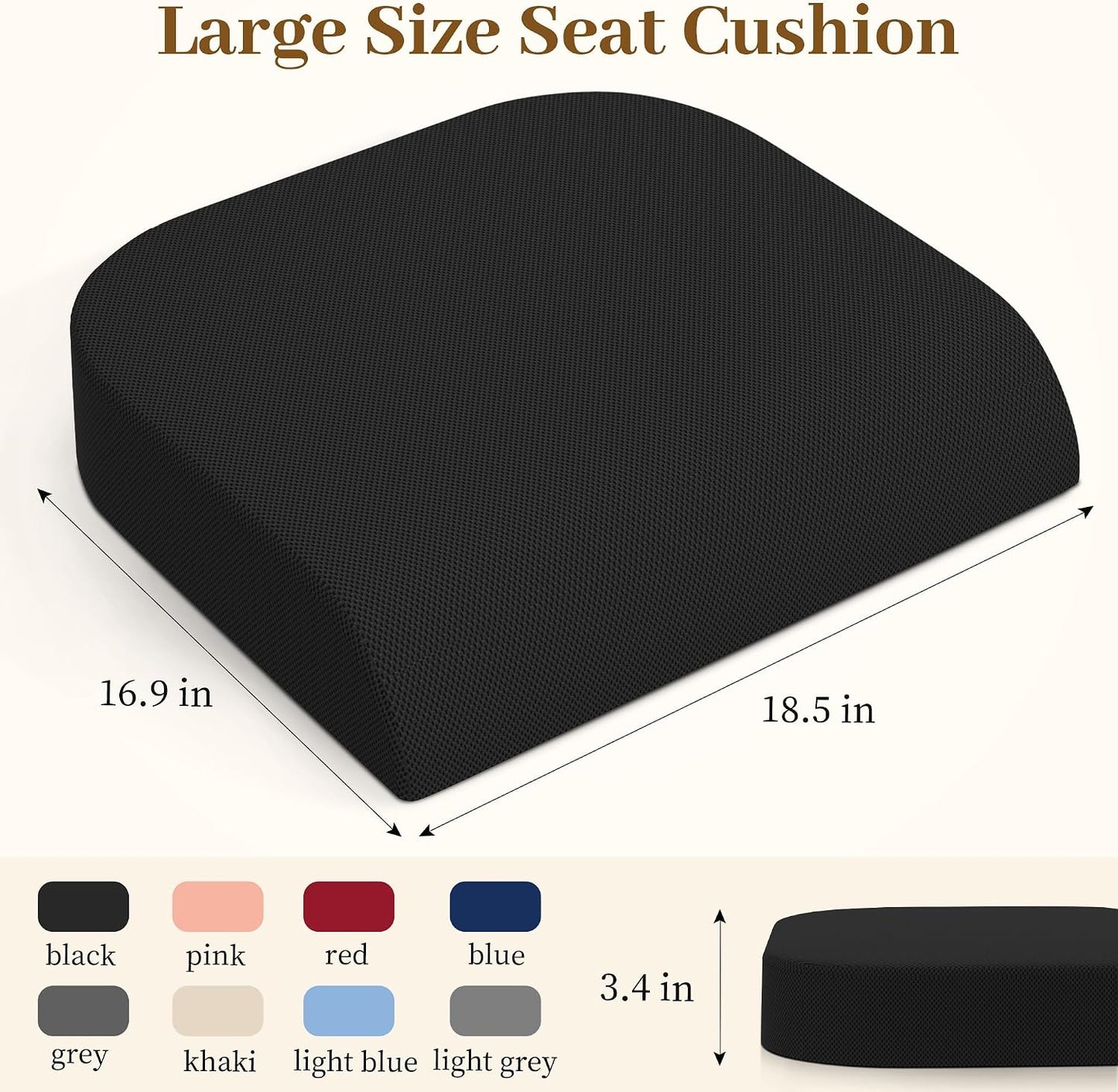 TranquilRelax Memory Foam Seat Cushion for Office Chair, 3-Inch, Black | Medium-firm Support for Long Sitting, Washable Mesh Cover, Non-slip Base, Perfect for Car Seats & Short Drivers