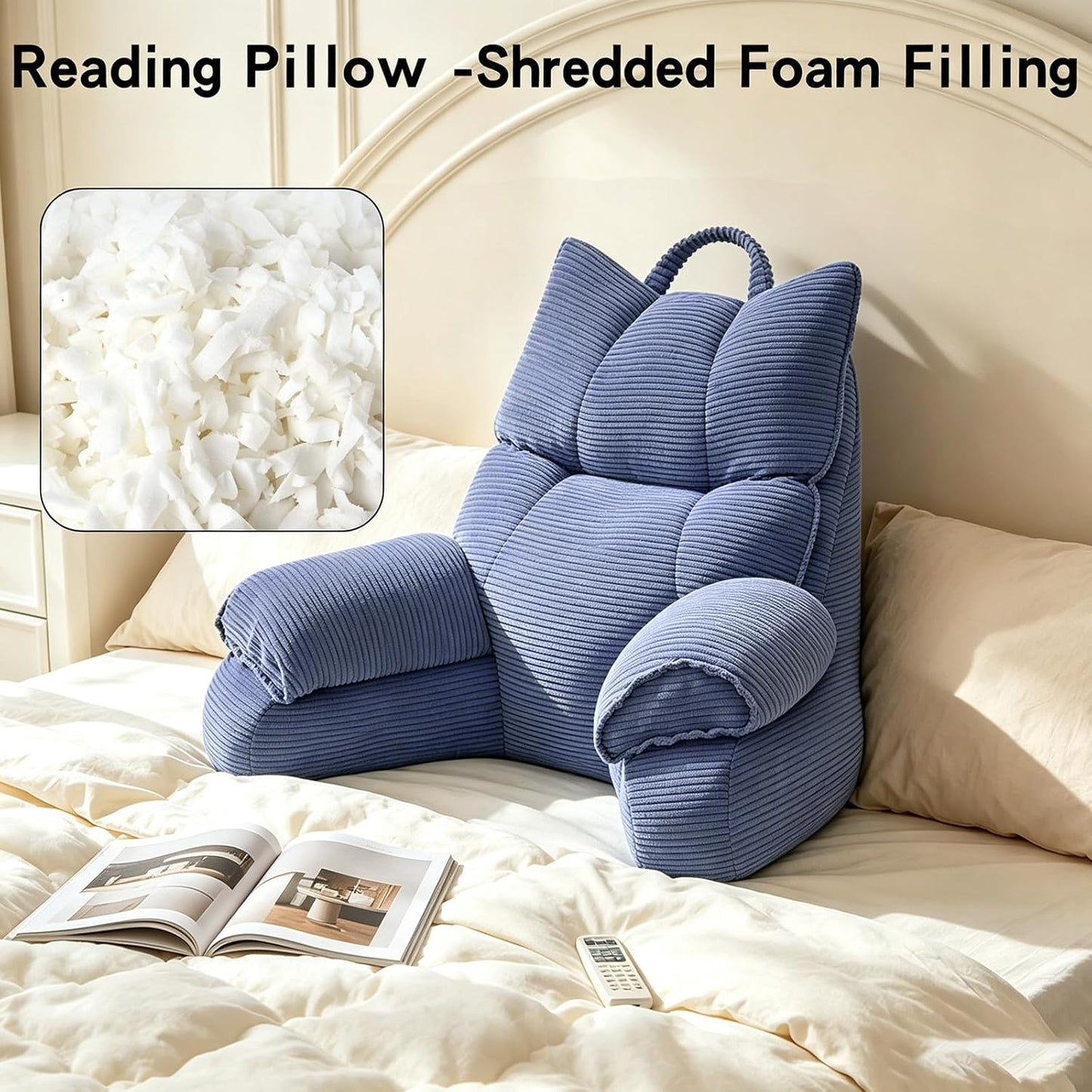 Reading Pillow for Bed with Arms, Back Support, Memory Foam（Grey Black） | Reading Pillow for Bed with High Arm Rests, Back Support Pillow for Sitting Up, Shredded Memory Foam for Reading, TV & Gaming