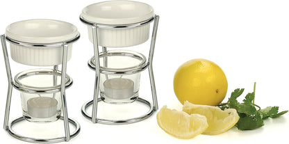 RSVP International Kitchen Collection Butter Warmer Set, Includes Stoneware Cups, Glass Tealight Holder, Candles and 5-Inch Tall Chrome Wire Frames, 1/3-Cup Capacity, White