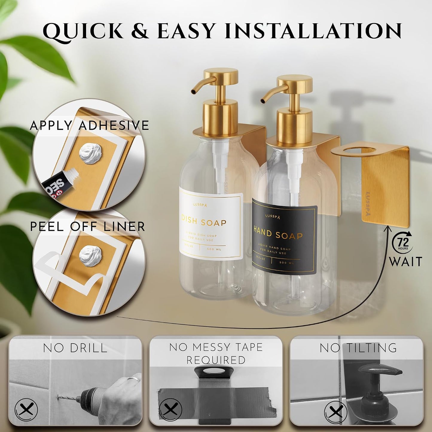 Shower Shampoo Dispenser Wall Mounted – 3 Refillable 16.9 oz Clear Bottles with Stainless Steel Pumps & No-Drill Adhesive Holders – Soap Dispenser Set for Bathroom (3 X Clear/Silver)