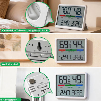 Digital Hygrometer Indoor Thermometer, Clock with Temp & Humidity, Temp Gauge with Comfort Indicator, Wall/Magnetic/Desk Alarm Clock for Bedroom, Baby Room, Office, Kitchen, Garage (Black)