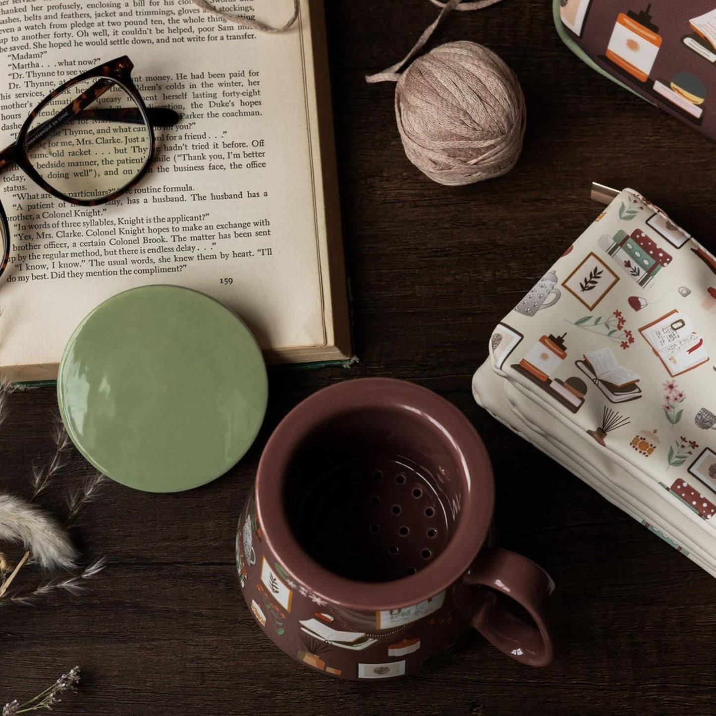 Steel Mill & Co. Tea Infuser Mug with Lid, Book Nook Brown | Ceramic 12 oz Book-Themed Tea Cup with Removable Strainer for Loose Leaf or Tea Bags