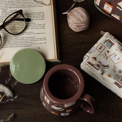 Steel Mill & Co. Tea Infuser Mug with Lid, Book Nook Brown | Ceramic 12 oz Book-Themed Tea Cup with Removable Strainer for Loose Leaf or Tea Bags