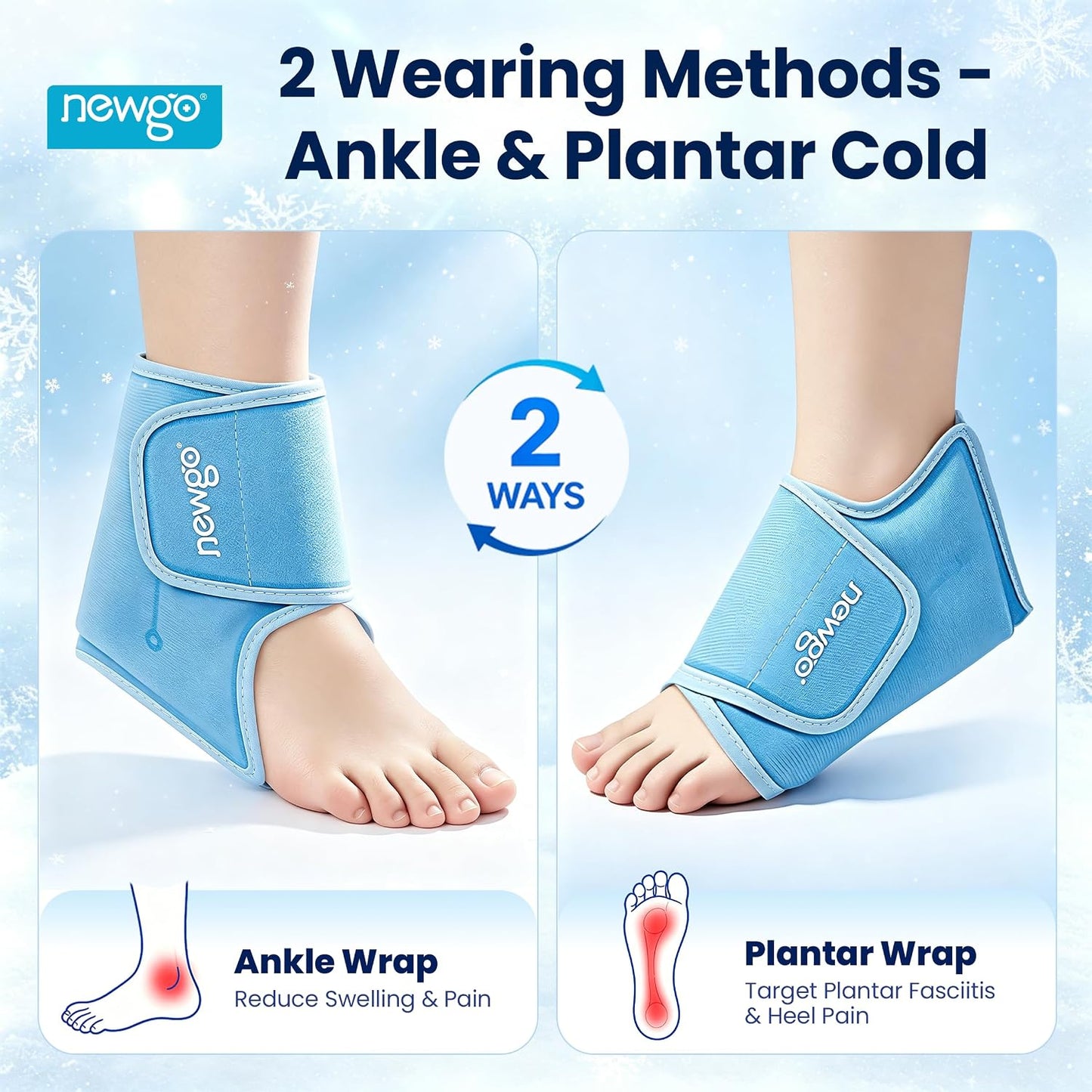 NEWGO Ankle Ice Pack Wrap for Plantar Fasciitis, Swelling & Sprain Relief | Reusable Heel Pain Relief, Stay Cold Longer, Flexible Gel, Leakproof, Easy to Wear, Achilles Tendonitis, Injury Recovery