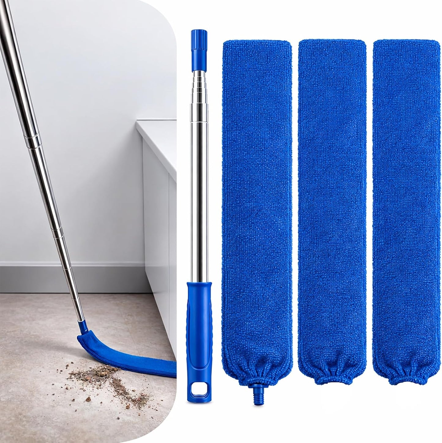 Retractable Gap Dust Cleaner with Extension Pole & 3 Microfiber Cloths | Cleaning Tools with 3 Microfiber Dusting Cloths | Long Handle Duster 30-100'' | Under Refrigerator Furniture Appliance Blue