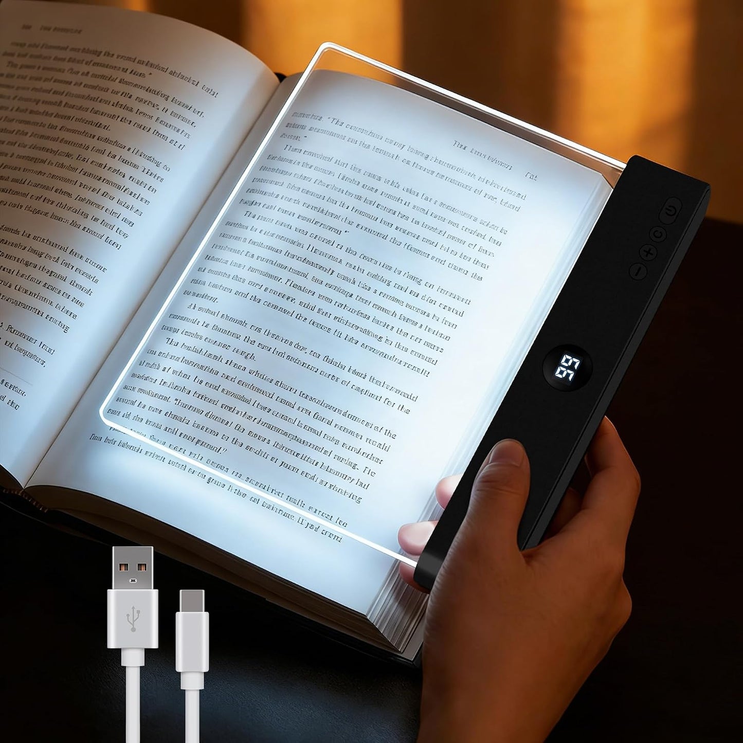 LED Reading Book Page Light - USB Rechargeable Flat Books Night Lamp - Smart Clear Read Booklight Panel - Dimmable Plate with 3 Colors & Timer - Portable Eye Care Reading Light for Bed Time (White)