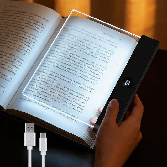 LED Reading Book Page Light - USB Rechargeable Flat Books Night Lamp - Smart Clear Read Booklight Panel - Dimmable Plate with 3 Colors & Timer - Portable Eye Care Reading Light for Bed Time (White)