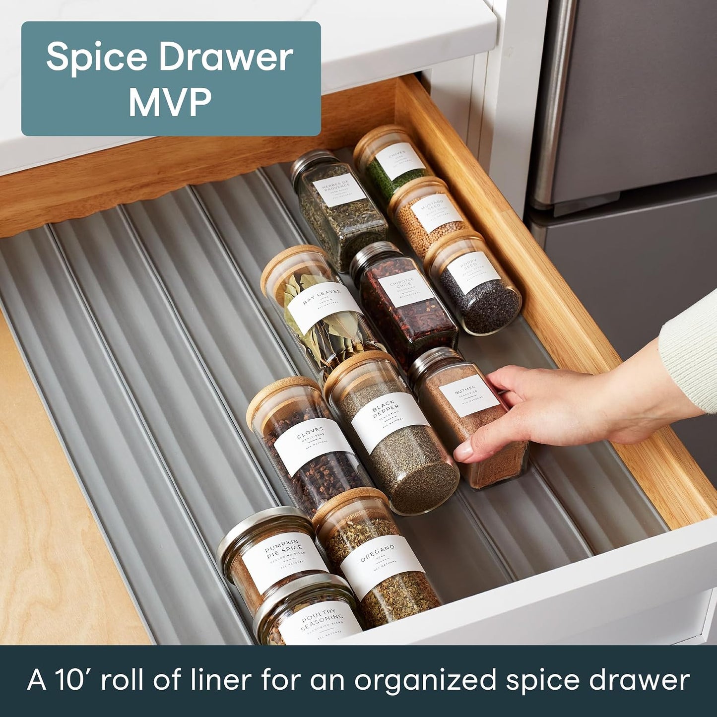 YouCopia SpiceLiner Spice Rack Drawer Organizer (Universal Fit 10’ Roll),Gray