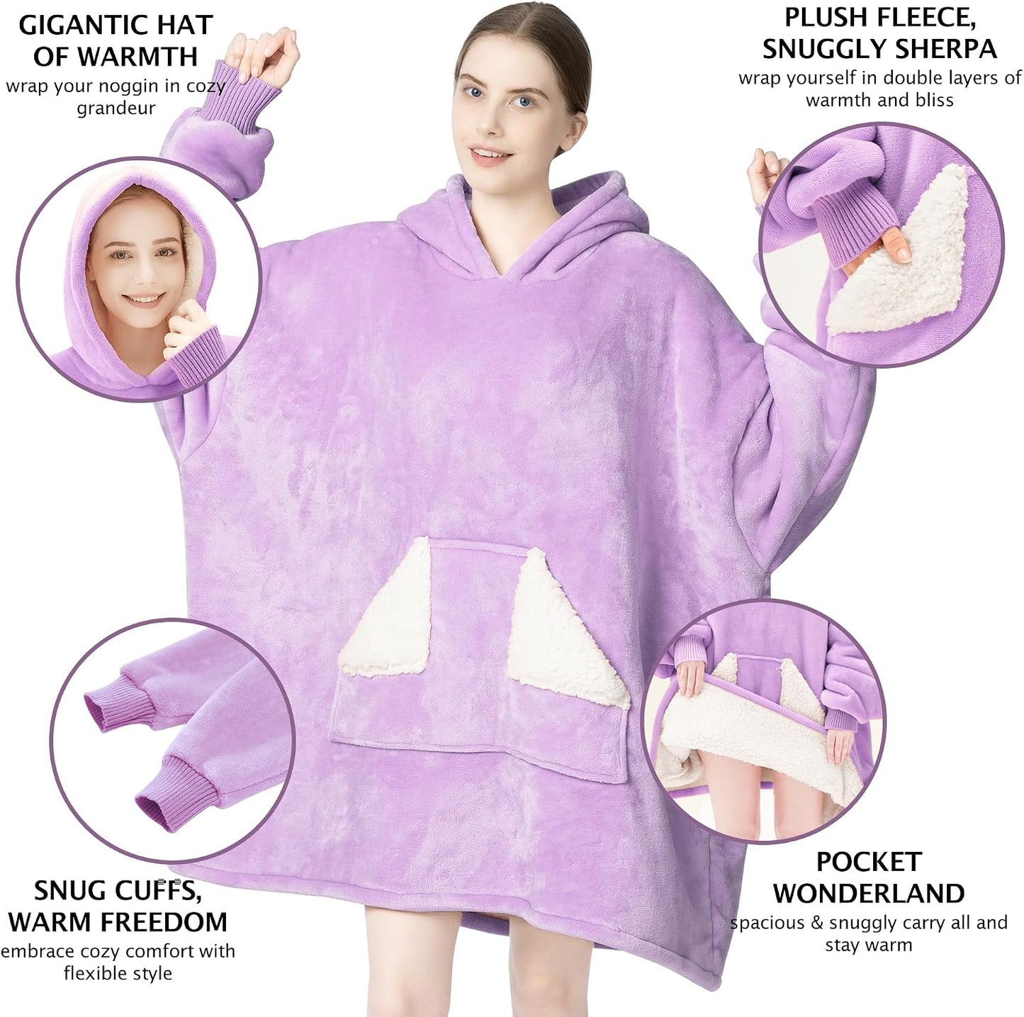 Wearable Blanket Hoodie, Oversized Sherpa Fleece Sweatshirt Blanket with Giant Hood Pocket and Sleeves for Adult, Warm & Cozy Grey Blanket Gifts for Women