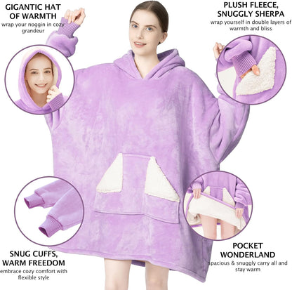 Wearable Blanket Hoodie, Oversized Sherpa Fleece Sweatshirt Blanket with Giant Hood Pocket and Sleeves for Adult, Warm & Cozy Grey Blanket Gifts for Women
