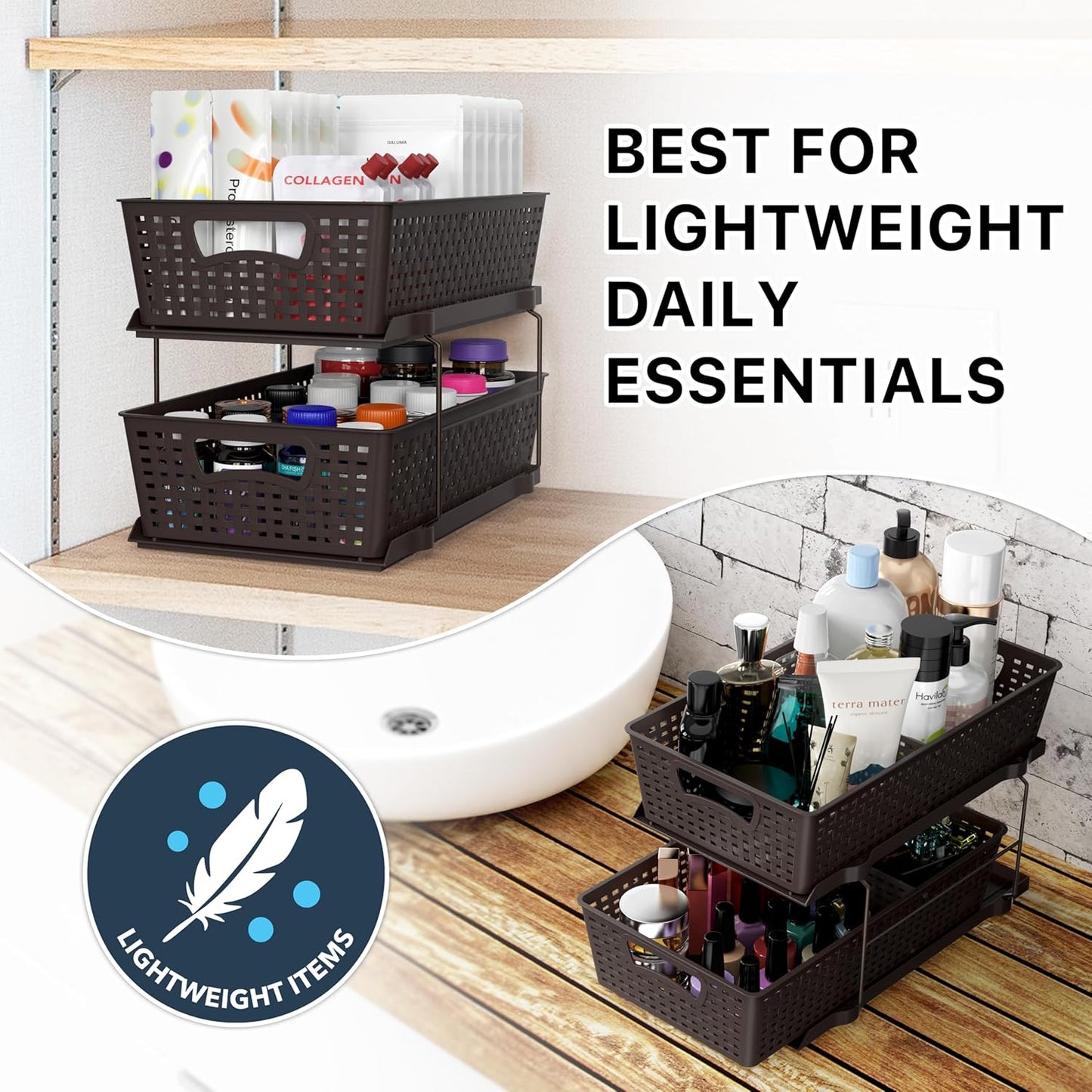 Simple Houseware 2 Tier Pull-Out Sliding Drawer Under Sink Storage, White | Great for Kitchen Bathroom Tray Shelf Organizer