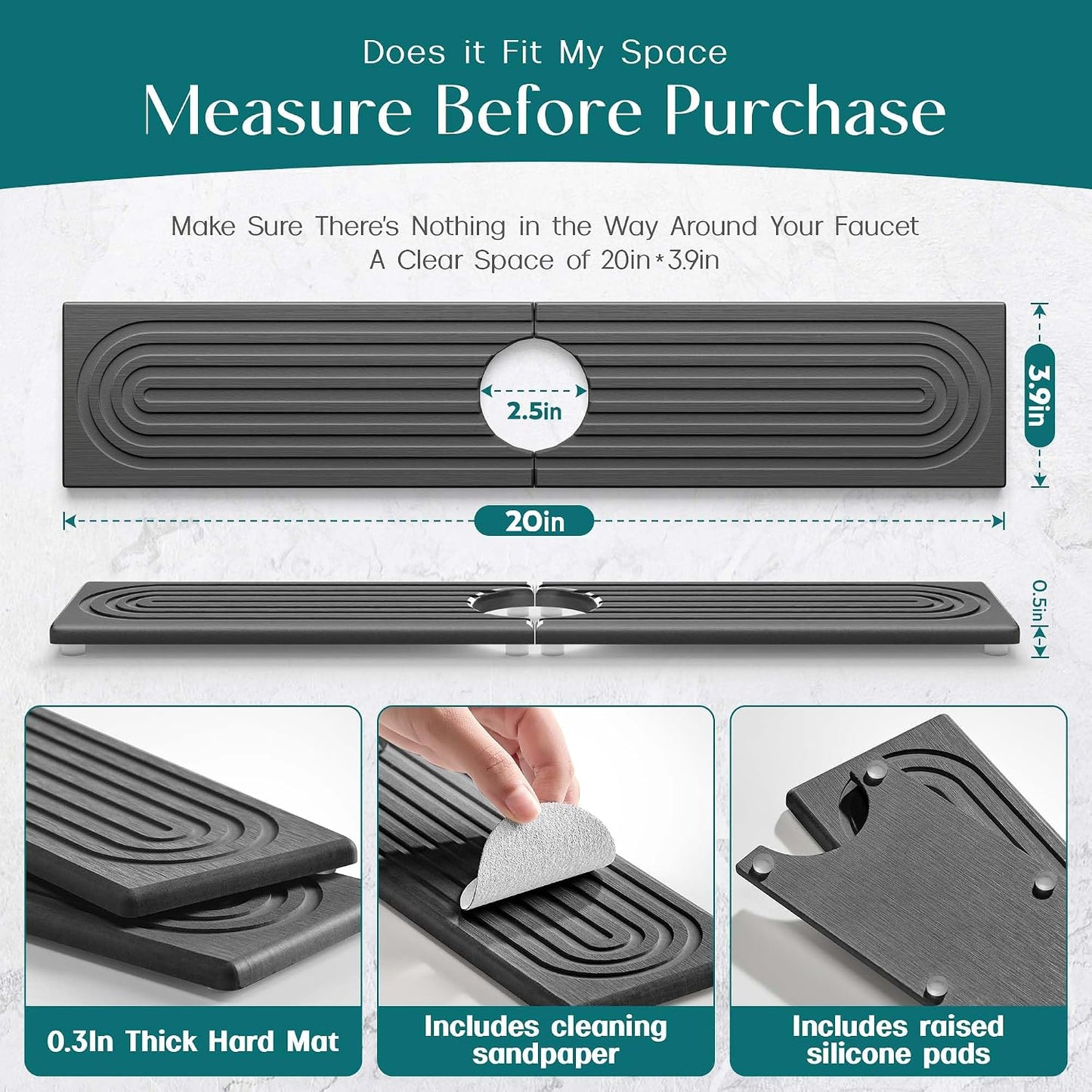 Stone Faucet Mat for Kitchen Sink – Diatomite Drying Stone Mat & Sink Protector, Prevents Moisture – Sink Splash Guard Water-Absorbing Stone Tray for Bathroom Counter (Light Grey, 20" x 3.9")