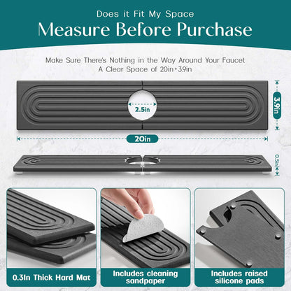 Stone Faucet Mat for Kitchen Sink – Diatomite Drying Stone Mat & Sink Protector, Prevents Moisture – Sink Splash Guard Water-Absorbing Stone Tray for Bathroom Counter (Light Grey, 20" x 3.9")