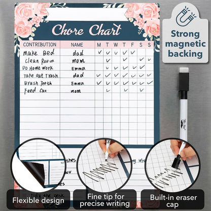 Mr. Pen- Magnetic Dry Erase Chore Chart, 17" x 12" | Floral Daily & Weekly Responsibility Chart for Kids, Teens & Adults, Family Chore Board for Fridge