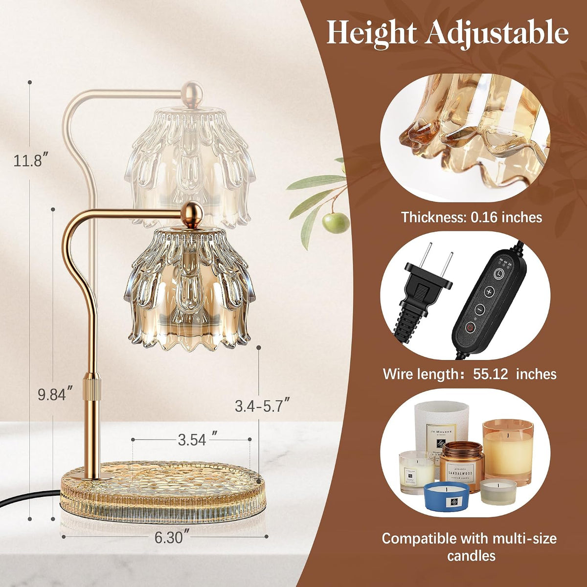 Candle Warmer Lamp with Timer Dimmer, Modern Wax Warmer for Scented Wax Jar Candle Warmer with 2 Bulbs, Adjustable Height Glass Lamp for Gifts for Women, Home Decor, Gold Amber