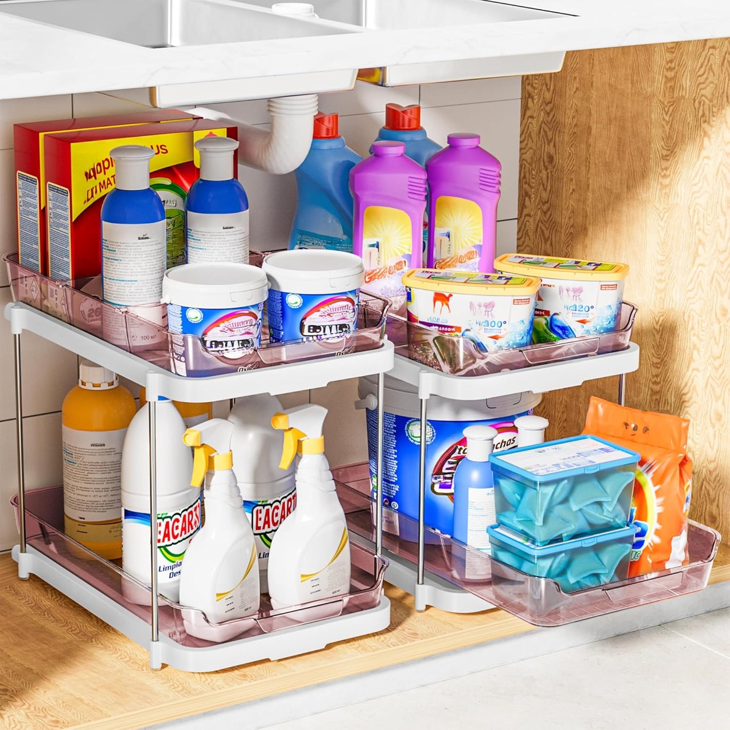 Delamu 2-Tier Multi-Purpose Bathroom Under Sink Organizers and Storage, Stackable Kitchen Pantry Organization, Pull Out Medicine Cabinet Organizer with Movable Dividers, White, 2 Pack
