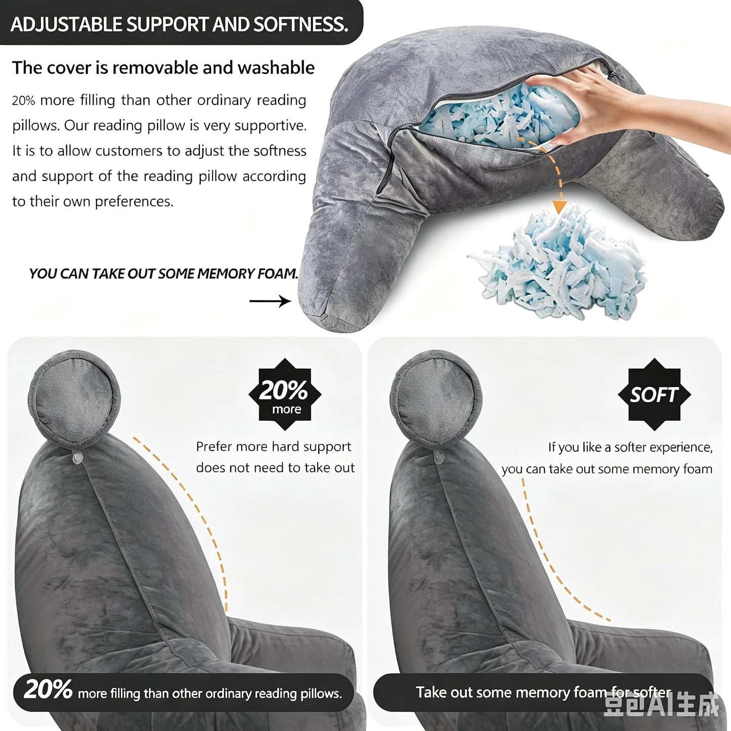 Reading Pillow for Adults Sitting‑Up in Bed, Backrest with Arms | Detachable Neck‑Cushion; Shredded Memory‑Foam; Side Pockets; Washable Velvet Cover; Gaming & TV, Sofa Use