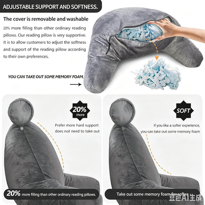 Reading Pillow for Adults Sitting‑Up in Bed, Backrest with Arms | Detachable Neck‑Cushion; Shredded Memory‑Foam; Side Pockets; Washable Velvet Cover; Gaming & TV, Sofa Use