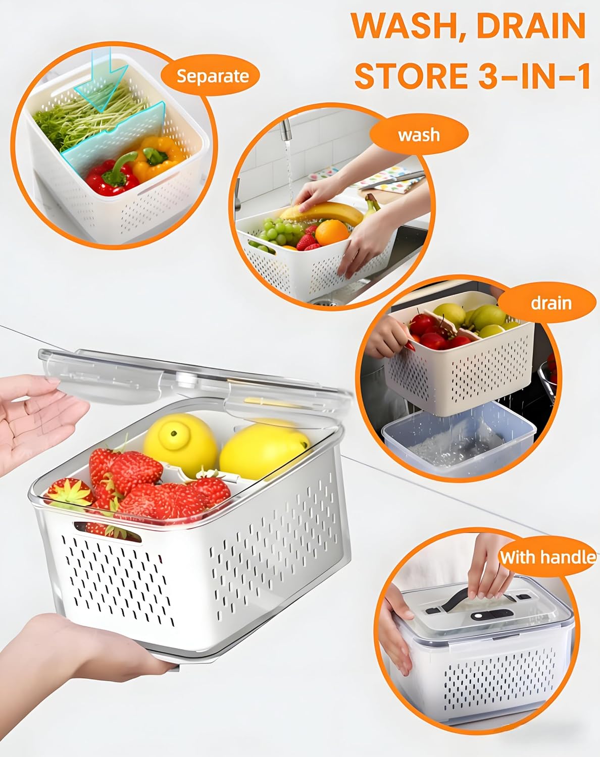 SnowSky 4PCS 2-in-1 Fruit & Veggie Fresh Box with Detachable Colander & Divider – Airtight Leak-Proof Fridge Storage Container with Lid for Berry, Meal Prep, Kitchen