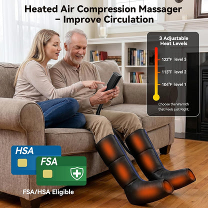 Calf & Leg Air Compression Massager with Heat for Circulation, Black | 6 Modes, 9 Intensities, 3-Level Heating – Sequential Squeeze for Tired Legs, Relief for Standing, Sitting & Restless Legs