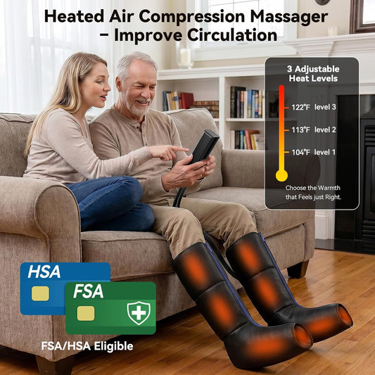 Calf & Leg Air Compression Massager with Heat for Circulation, Black | 6 Modes, 9 Intensities, 3-Level Heating – Sequential Squeeze for Tired Legs, Relief for Standing, Sitting & Restless Legs
