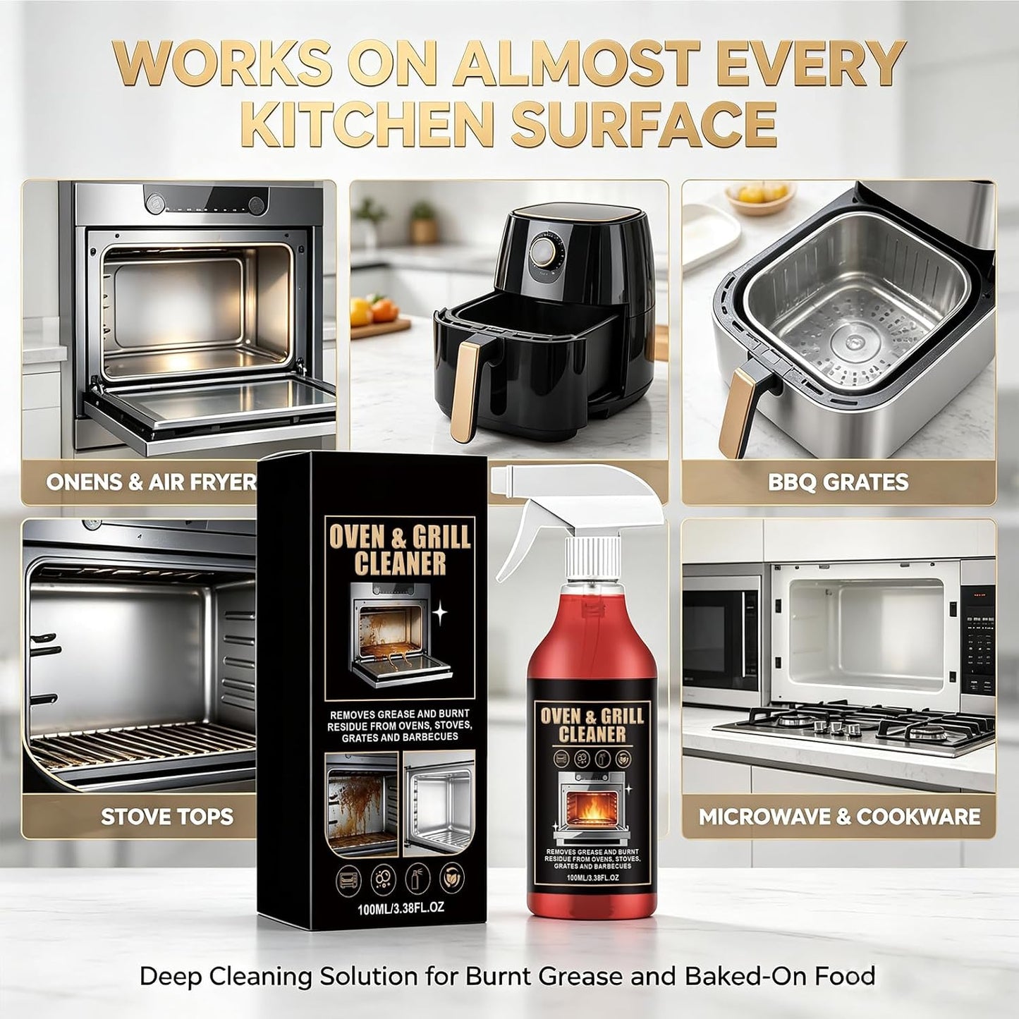 Oven & Grill Cleaner Spray Heavy Duty Super Concentrated Degreaser, No Scrub Formula for Burnt Grease, Air Fryer, BBQ Grates, Stove, Microwave & Kitchen Cookware, Deep Cleaning Solution, 3.38oz/100ML