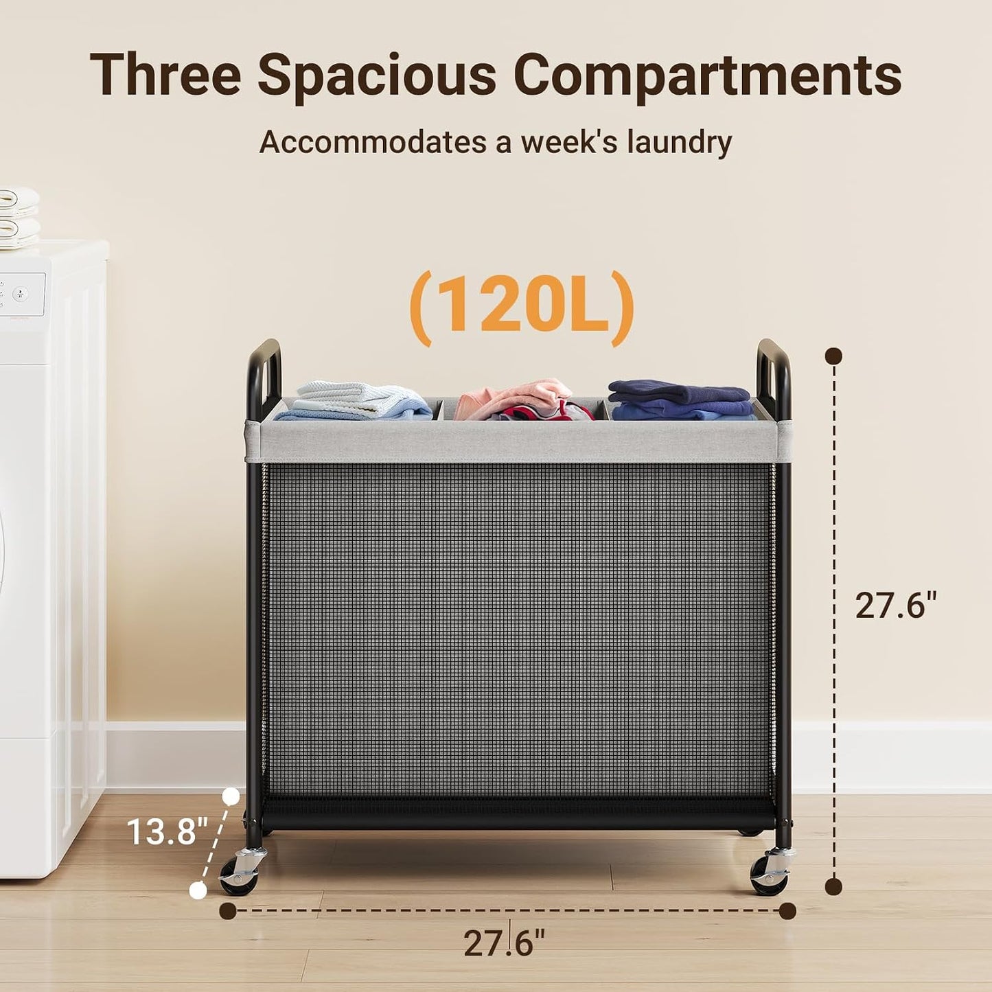 ELYKEN Laundry Hamper 2 Section, 100L Rolling Laundry Sorter with Wheels | Removable Washable Liner Bags, Sturdy Steel Frame and Metal Handle, Double Compartment Clothes Organizer for Laundry Sorting