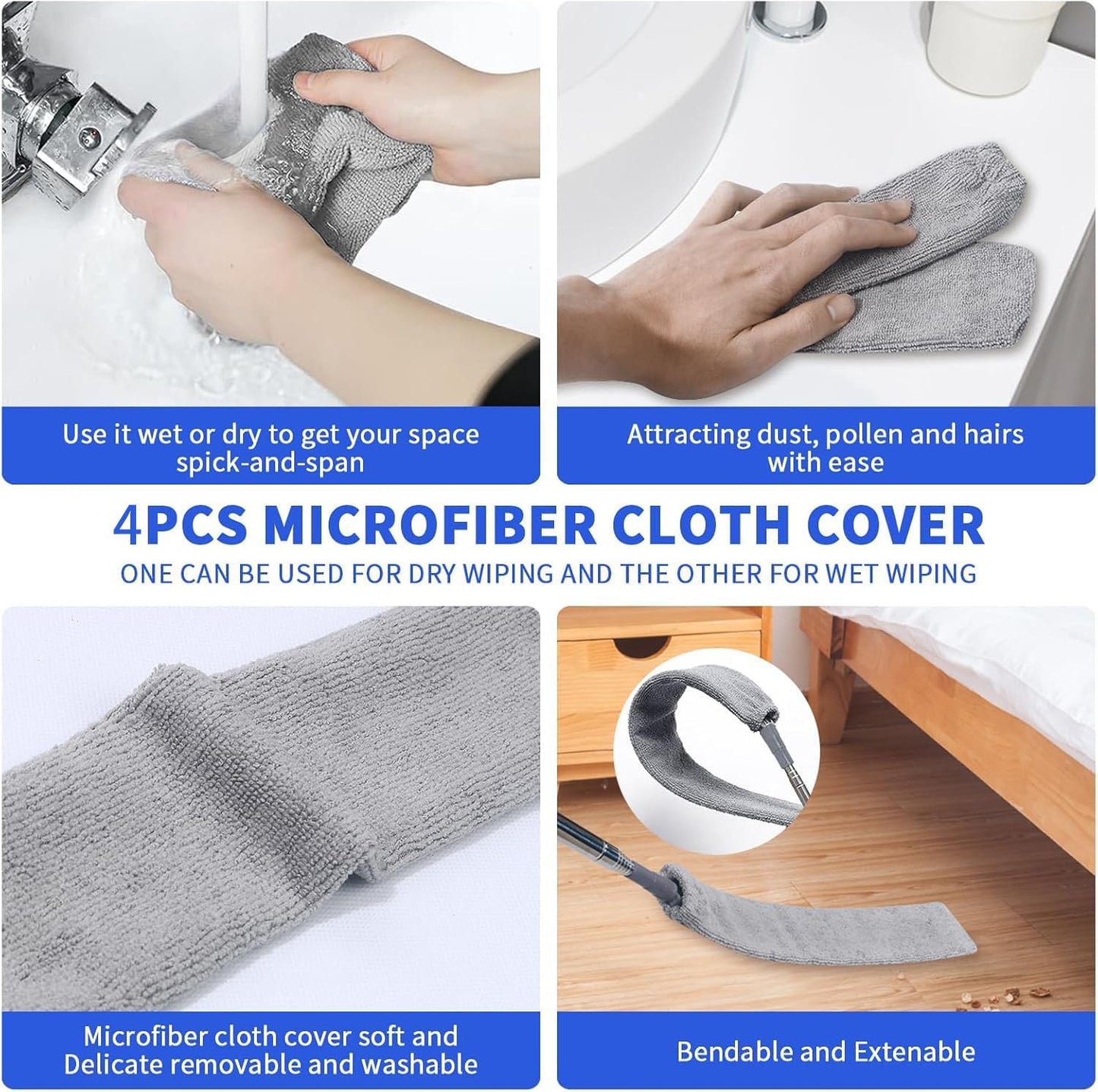 Retractable Gap Dust Cleaner, Extendable Gap Duster with 4 Microfiber Dusting Cloths Long, Under Appliances Cleaning Tools with Extendable Pole,Under Refrigerator, Furniture, High Ceiling