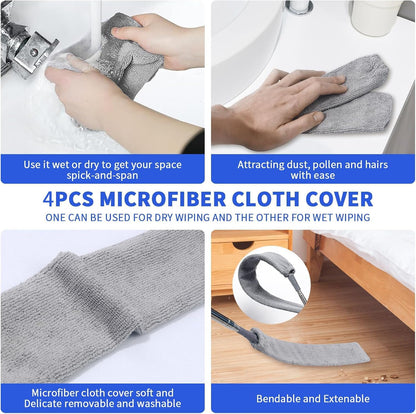 Retractable Gap Dust Cleaner, Extendable Gap Duster with 4 Microfiber Dusting Cloths Long, Under Appliances Cleaning Tools with Extendable Pole,Under Refrigerator, Furniture, High Ceiling